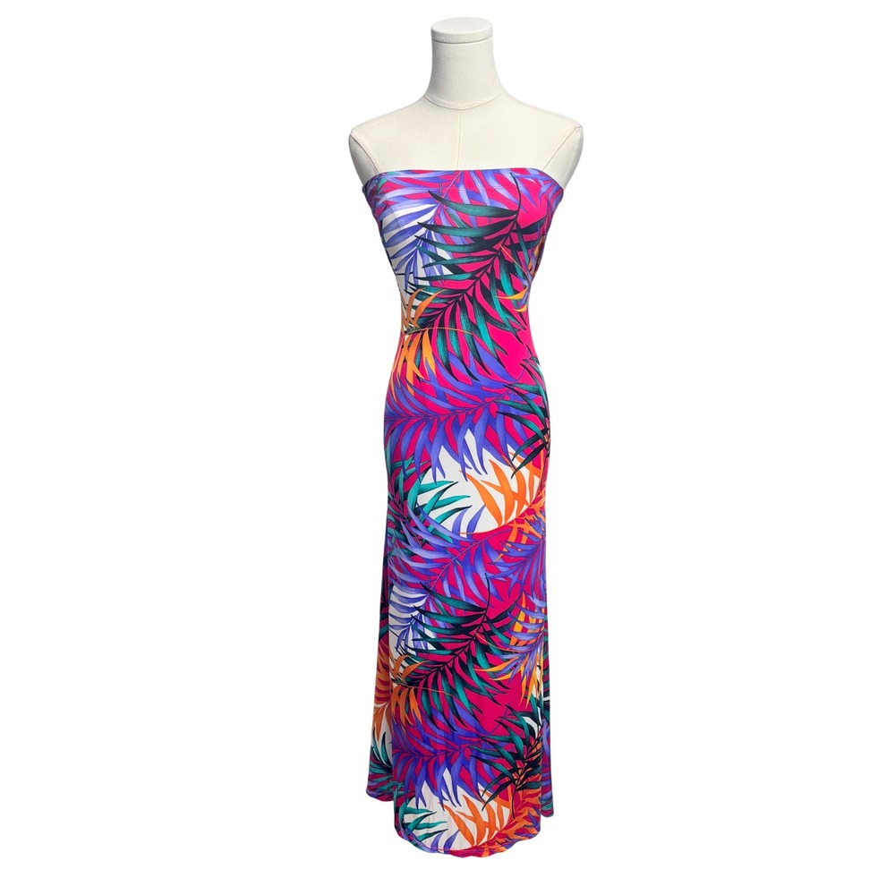 Tropical Maxi Dress Tube Top Pink Palm Leaf Bodycon Stretch Beach VERY SOFT L XL